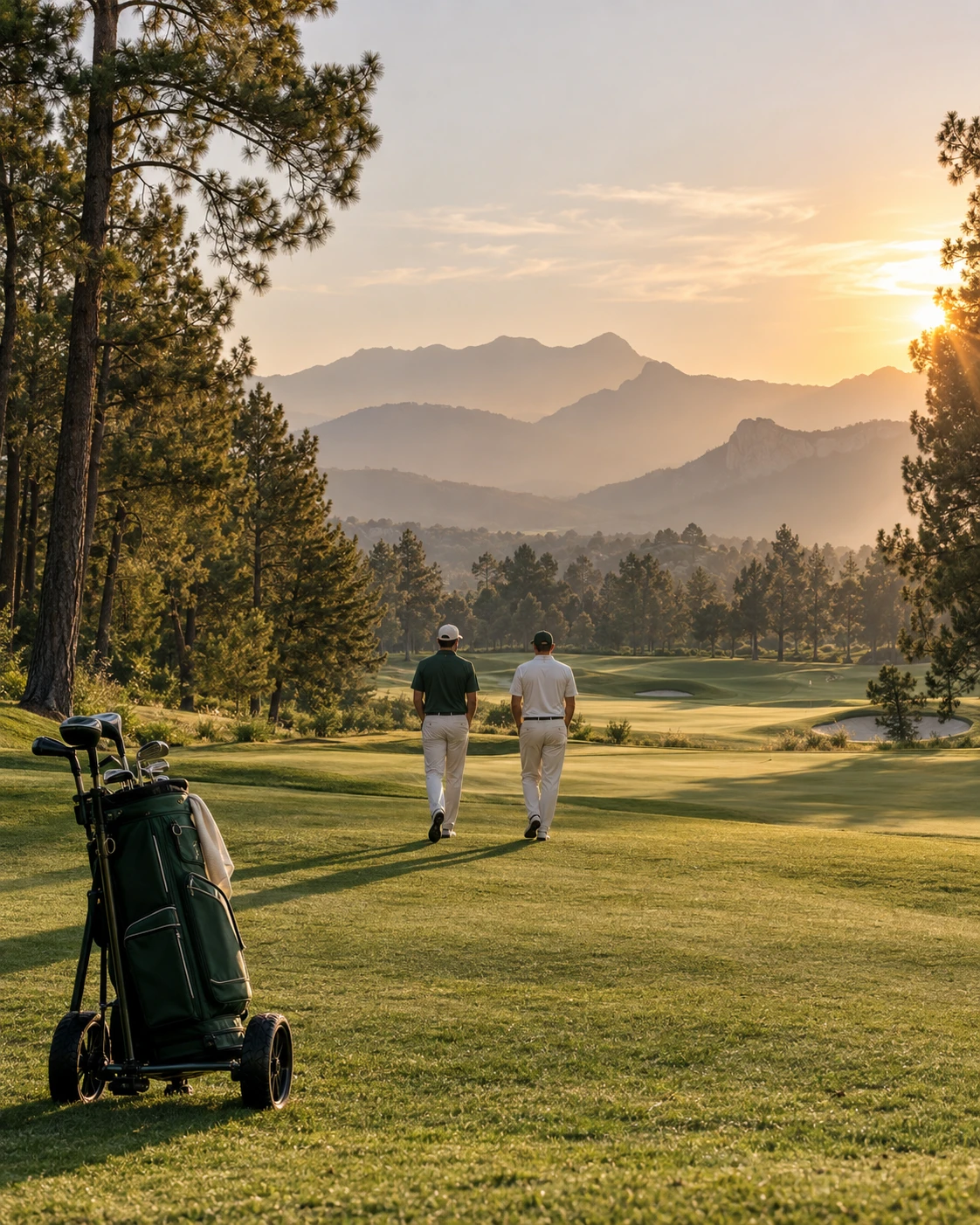 Golfistas recorriendo el fairway al amanecer